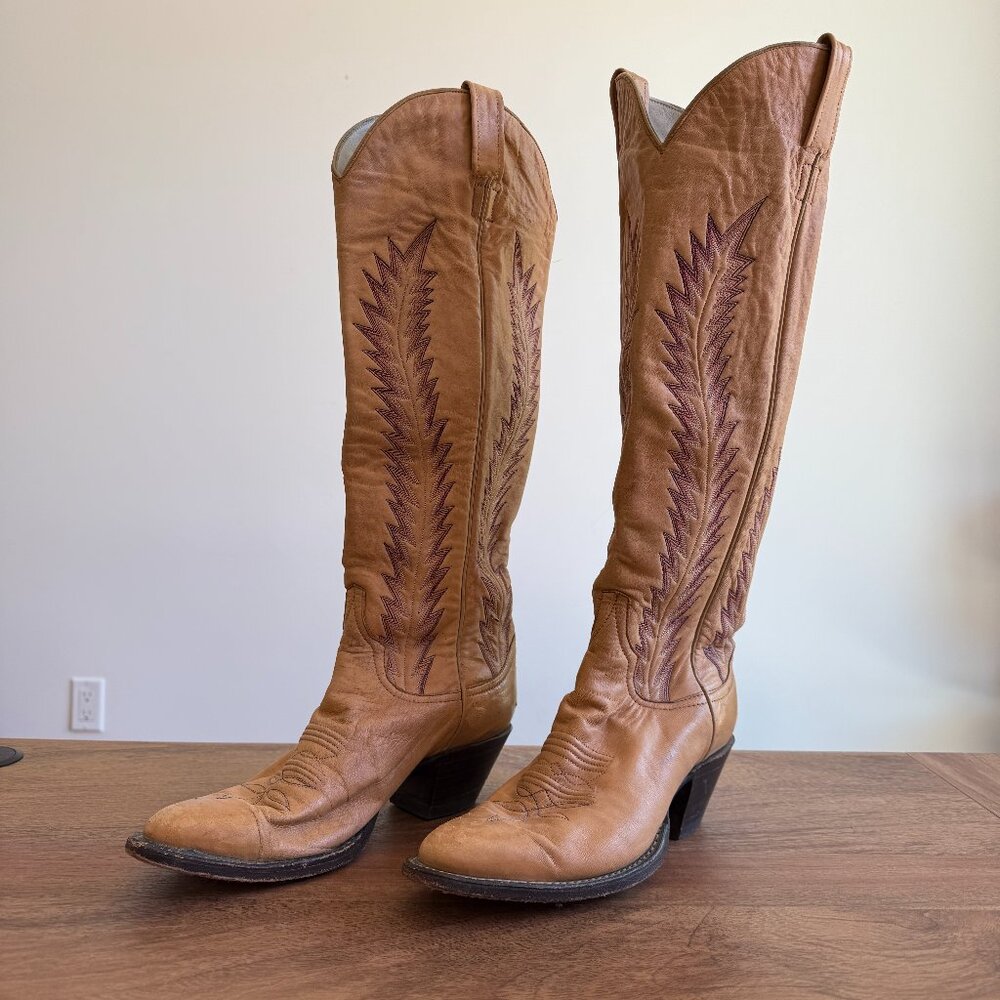 Larry Mahan Tan Leather Knee-High Western Heeled Boots with Brown Stitching